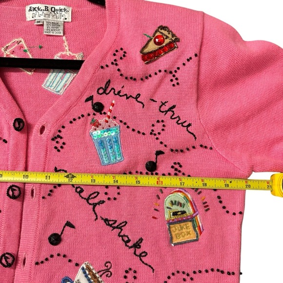 JACK B QUICK Cardigan Sweater Sz M Medium Pink 50s Rock Roller Skate Beaded 90s - Picture 12 of 14